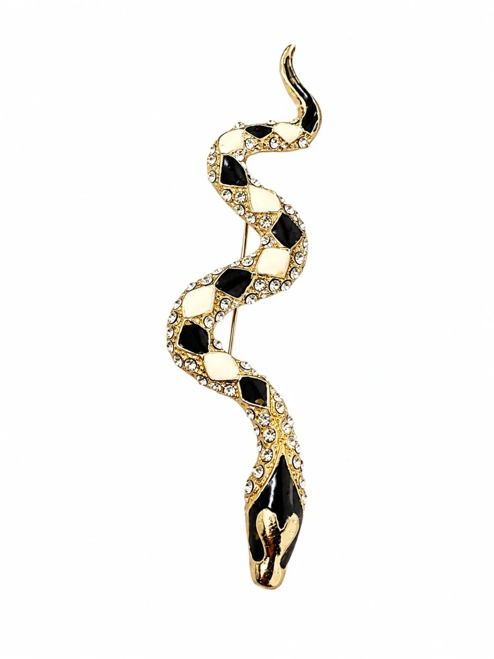 Vintage Black & Cream Enamel Snake Brooch Rhinestone Gold Tone Statement Pin
